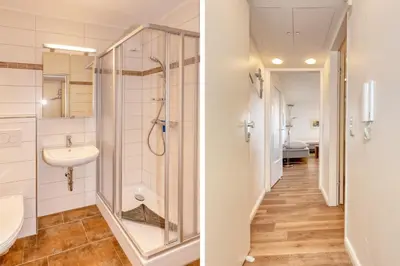Ein Badezimmer in der Unterkunft Terrassenhaus, FeWo 86