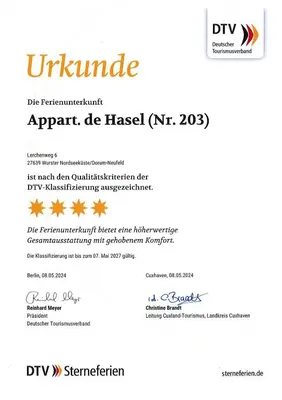 Ein Zertifikat, Auszeichnung, Logo oder anderes Dokument, das in der Unterkunft Ferienwohnung de Hasel ausgestellt ist