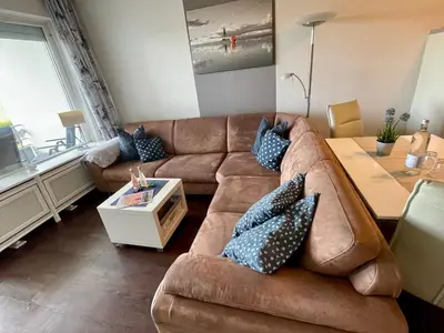 Ein Sitzbereich in der Unterkunft Backbord