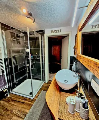 Ein Badezimmer in der Unterkunft Ferienwohnung Barlter Mühle mit Sauna und Terrasse
