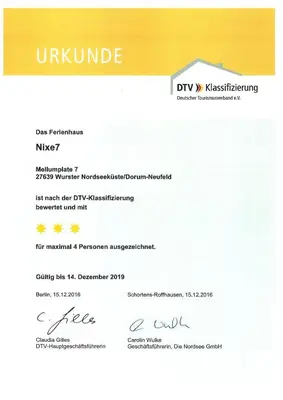 Ein Zertifikat, Auszeichnung, Logo oder anderes Dokument, das in der Unterkunft Ferienhaus Nixe7 ausgestellt ist