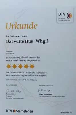 Ein Zertifikat, Auszeichnung, Logo oder anderes Dokument, das in der Unterkunft Ferienwohnung dat witte hus 2 ausgestellt ist