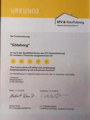 Ein Zertifikat, Auszeichnung, Logo oder anderes Dokument, das in der Unterkunft Göteborg ausgestellt ist