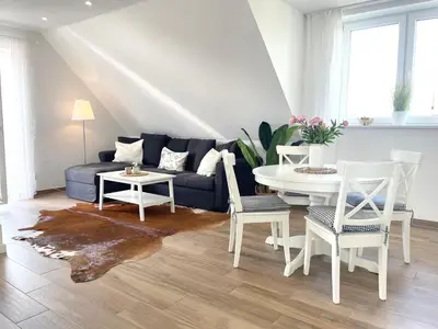 Ein Sitzbereich in der Unterkunft Duhner Strand Whg 6